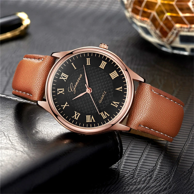 GENEVA Fashion Wristwatch Black Dial Leather Strap Men Waterproof Outdoor Watches Business Quartz Clock Male Relogio Masculino