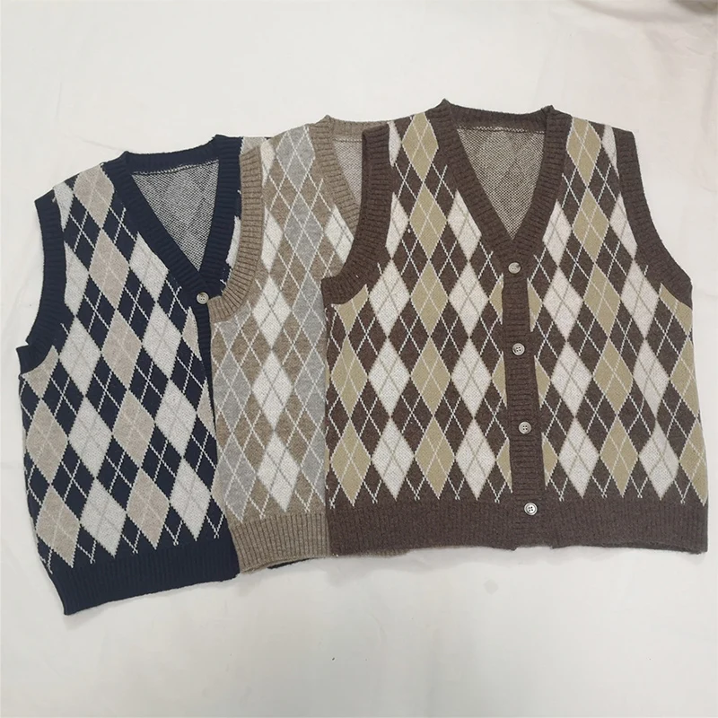 Argyle suéter chaleco mujer Vintage estilo Preppy estudiante coreano elegante prendas de punto Simple ocio moda clásico tierno Chic Mujer