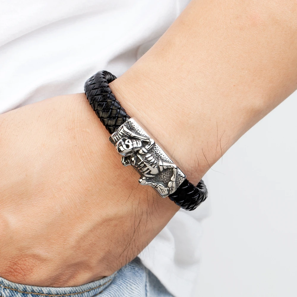 TYO Cool Style Men Leather Bracelets & Bangles Skull Owl Scorpion Snake Braided Wrap Stainless Steel Bracelets For Halloween