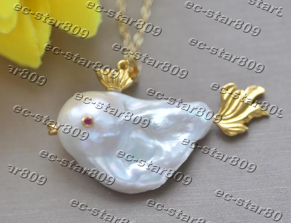 

Z11283 35mm White Baroque Keshi REBORN Pearl Fish Pendant 925Silver Women Fine Jewelry