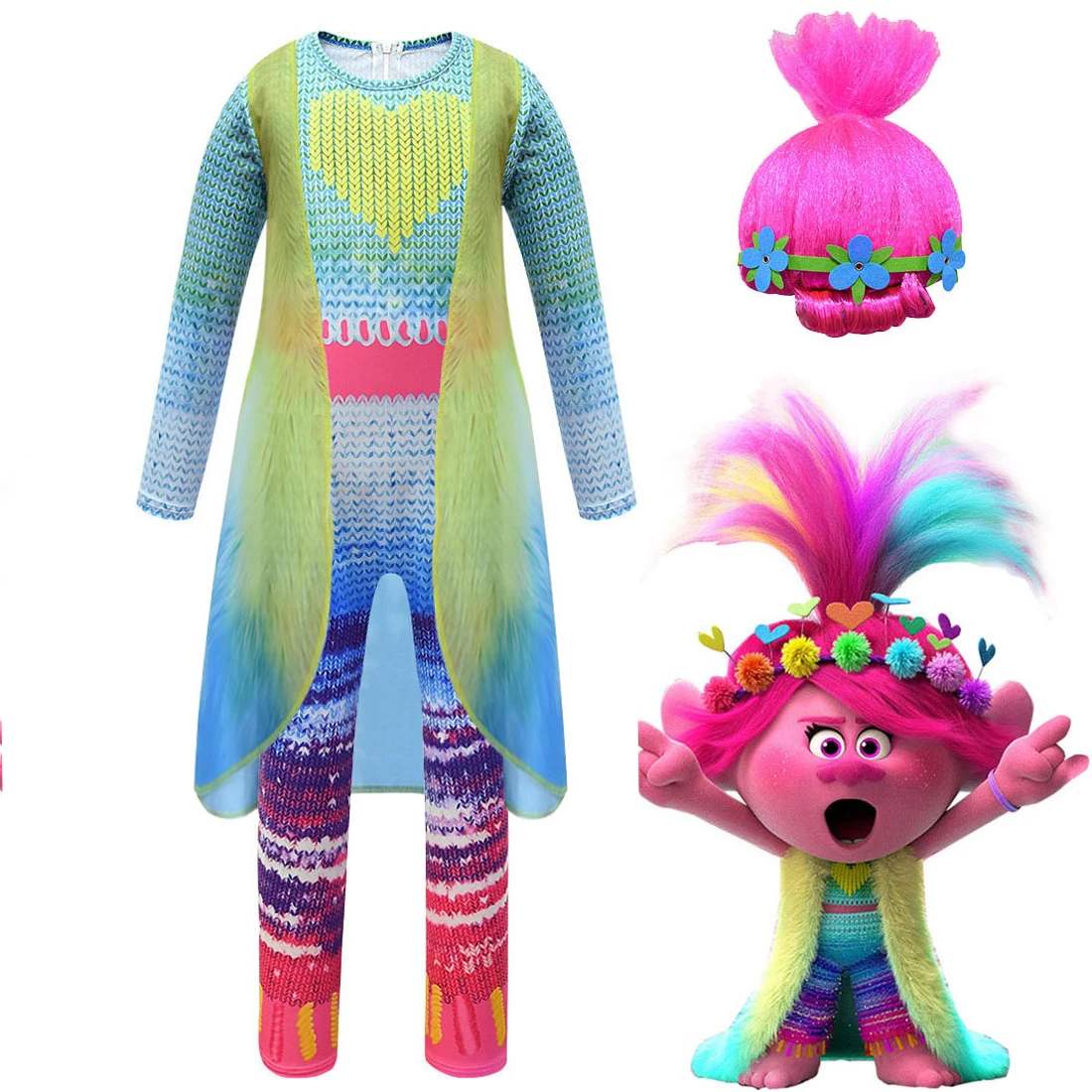 Kids Trolls Halloween Costume Bodysuit Cartoon Jumpsuit Girls Wedding Evening Party Trolls Costumes Children Clothing Cloak Wig