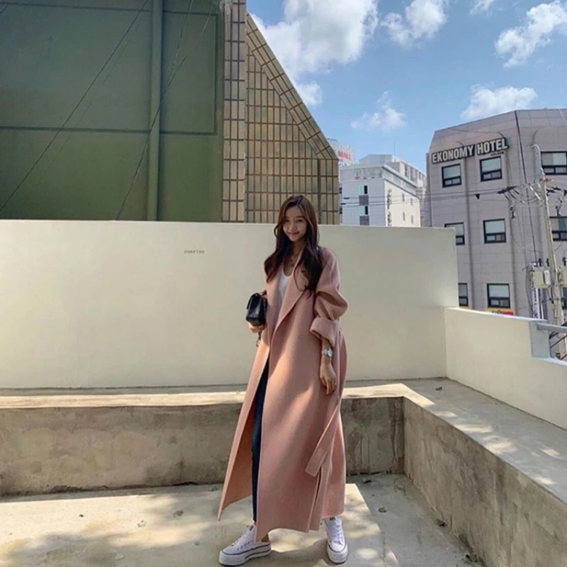 Winter Korean 2020 High End Women Long Side Split 100% Wool Handmade Pink Double Sided Coat Lacing Belt Loose Woolen Jacket