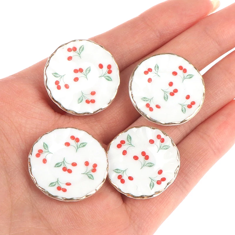 4PCS Kitchen Toys Dollhouse Cherry Trays Plates Doll Durable Mini Food Dishes Tableware Miniature Doll House Accessories