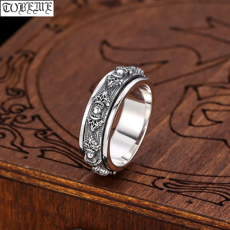 100% 925 Silver Tibetan Spinning Ring Vintage sterling Turning Ring buddhist Vajra Dorje Ring Good Luck Jewelry