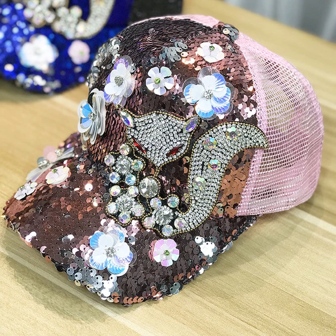 Spring Summer  Hat  Baseball Hat Sunscreen Women Sunshade Hat  Girl Mesh Ventilation Hat Sequin Rhinestone Fox Fashion Black