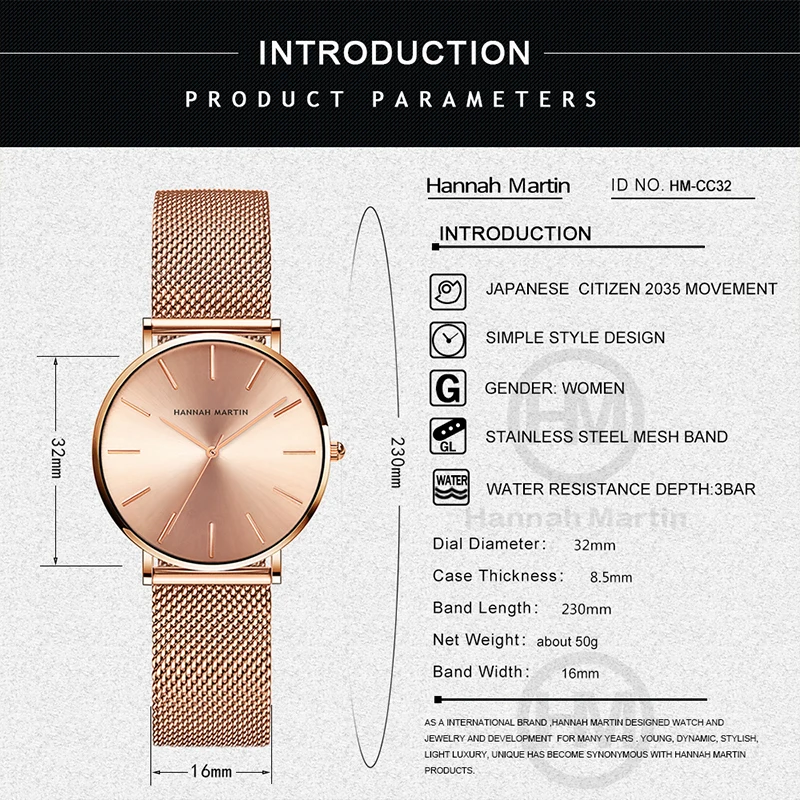 Hannah Martin Quality Stainless Steel Band Japan Quartz Movement Waterproof Women Full Rose Gold Ladies Luxury Wrist Watch