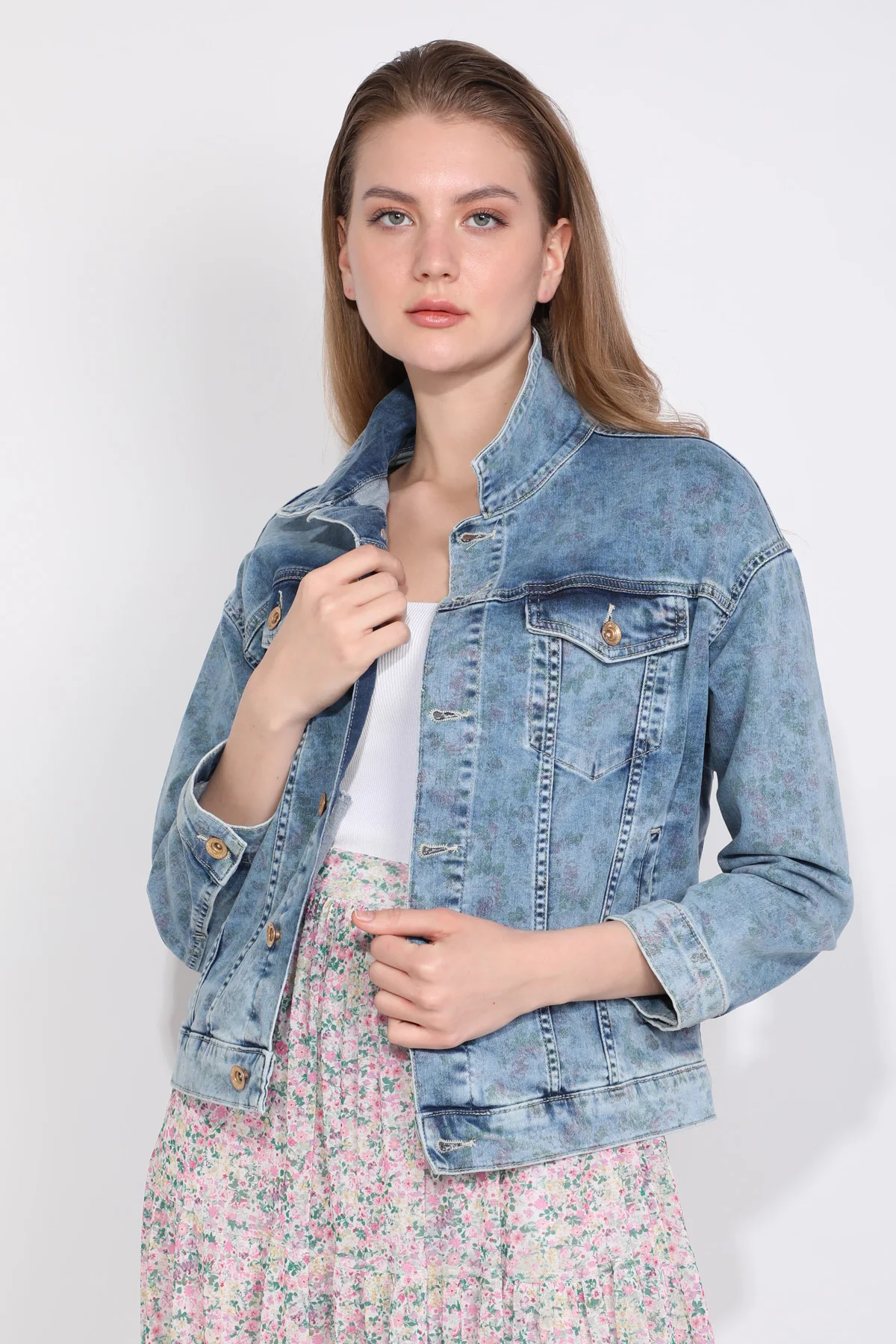 Print Pattern Oversized Women Jean Jacket With Collar Blue Pocket