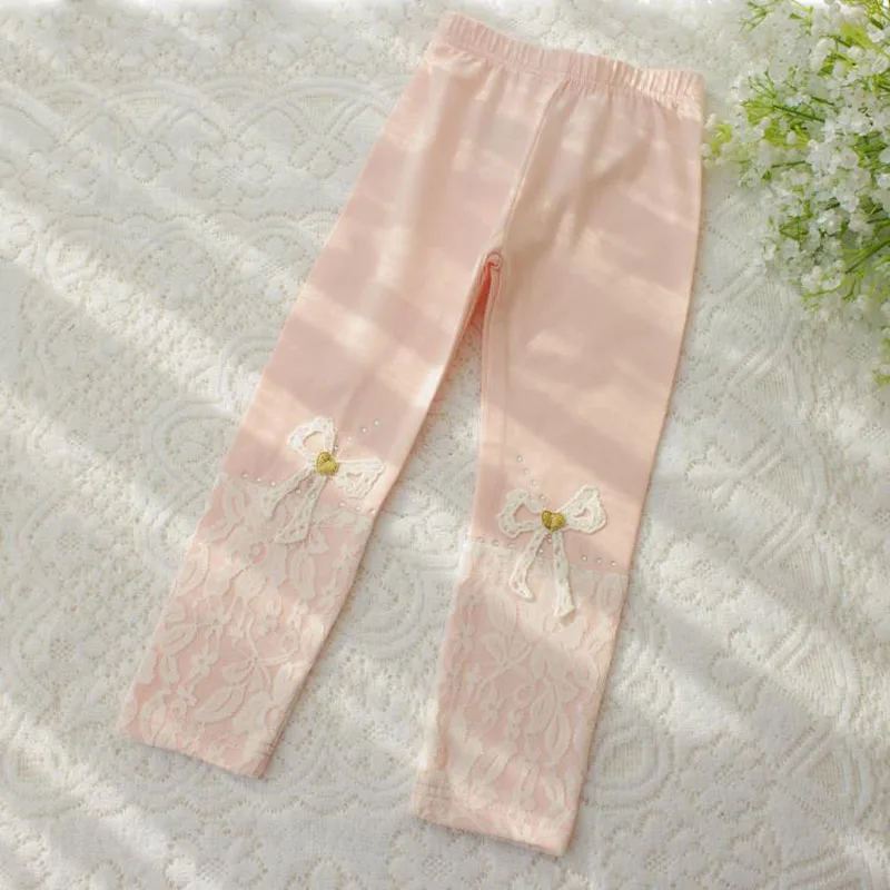 2021 New Spring Children's Solid Color Lace Bow Leggings Girls Campus Outing All-Match Comfortable Cotton Loose Casual Trousers