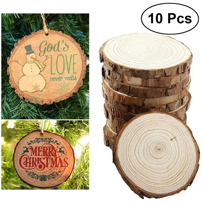 10pcs Unfinished Natural Round Wood Slices Circles With Tree Bark Log Discs For DIY Crafts