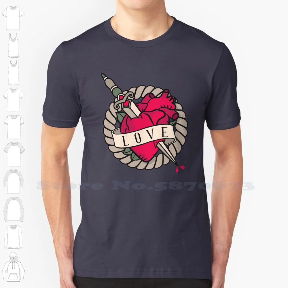 Sword Pierce Heart Tattoo 100% Cotton T-Shirt Piztees Tattoo Sword Dagger Knife Heartbeat Love Hurts Through The