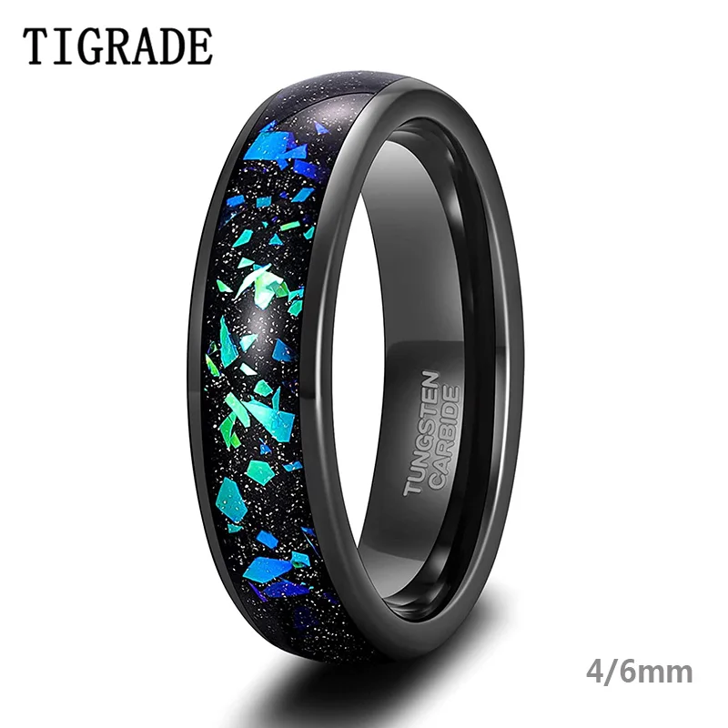 TIGRADE 4/6mm męskie obrączki wolframowe Galaxy Created-opal wkładka obrączki ślubne dla kobiet czarny piasek dwukolorowy polerowany komfort