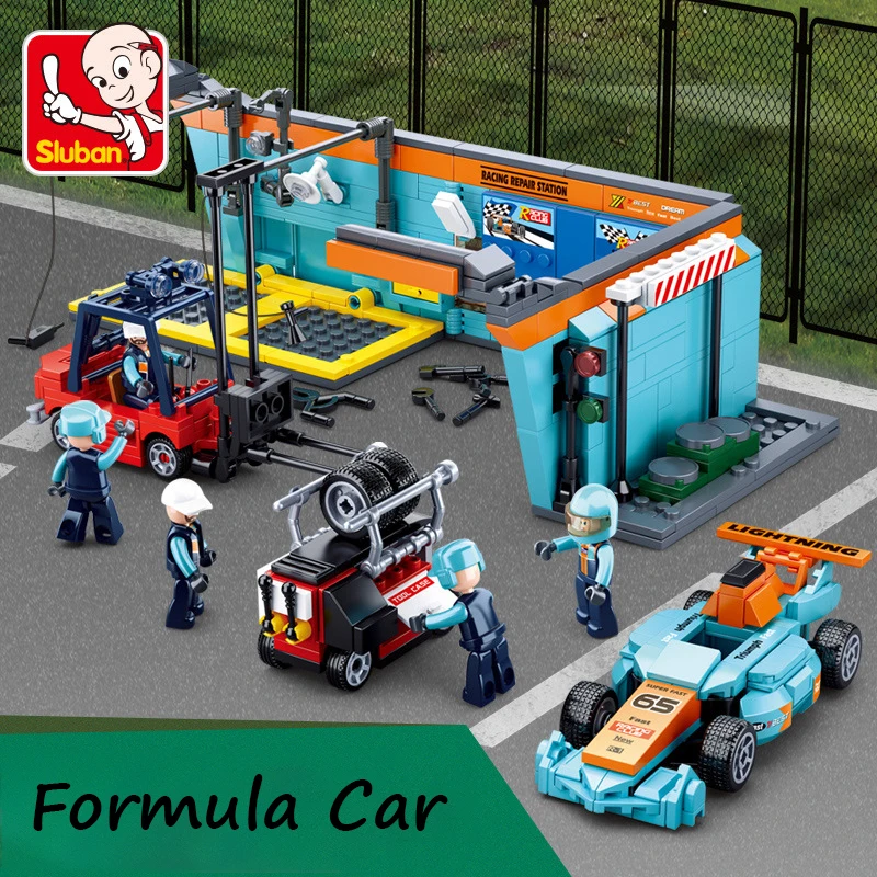 SLUBAN F1 Sports Racing Formula Car City Service Centre MOC Classic Model Vehicle Transporter Building Blocks Figures Bricks