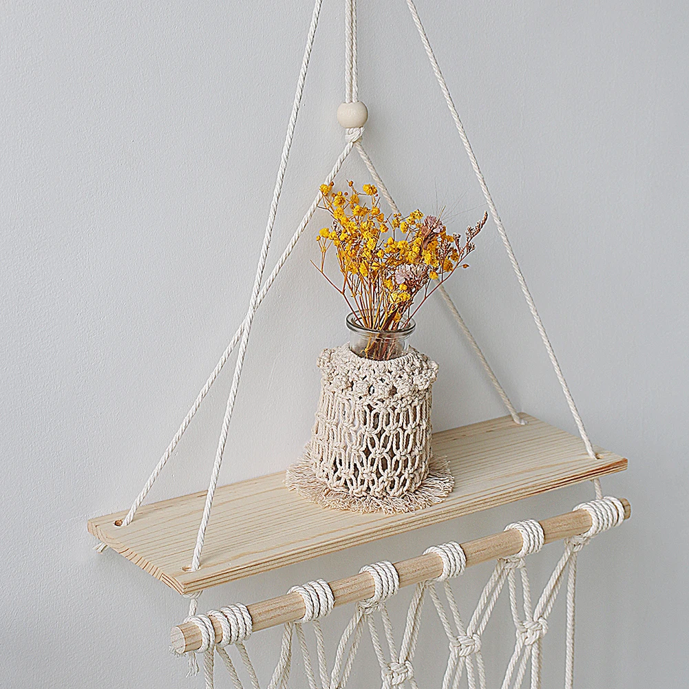 Macrame Wand Hängen Regal Boho Wohnkultur Regale Auf Wand Holz Dekoration für Schlafzimmer Wohnzimmer Kindergarten Christamas Geschenk – Detail 11