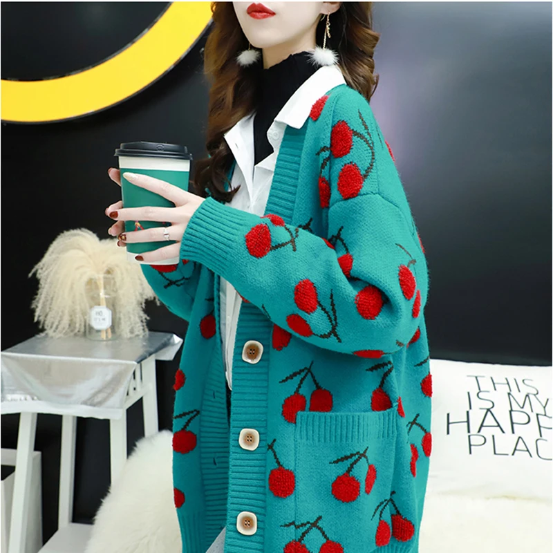 Autumn Fashion Cherries Embroidery Mid-length Cardigans Womens V-Neck Bat Sleeve Pocket Knitting Sweater Coat Loose Ladies Tops