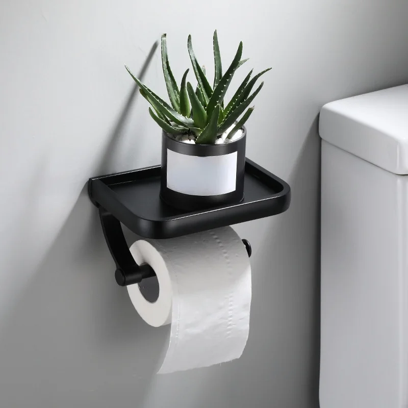 Pegangan Kertas Handuk Toilet Kamar Mandi Pegangan Telepon Pegangan Kertas Rolhouder WC Terpasang Di Dinding dengan Rak Handuk Kotak Tisu Hitam