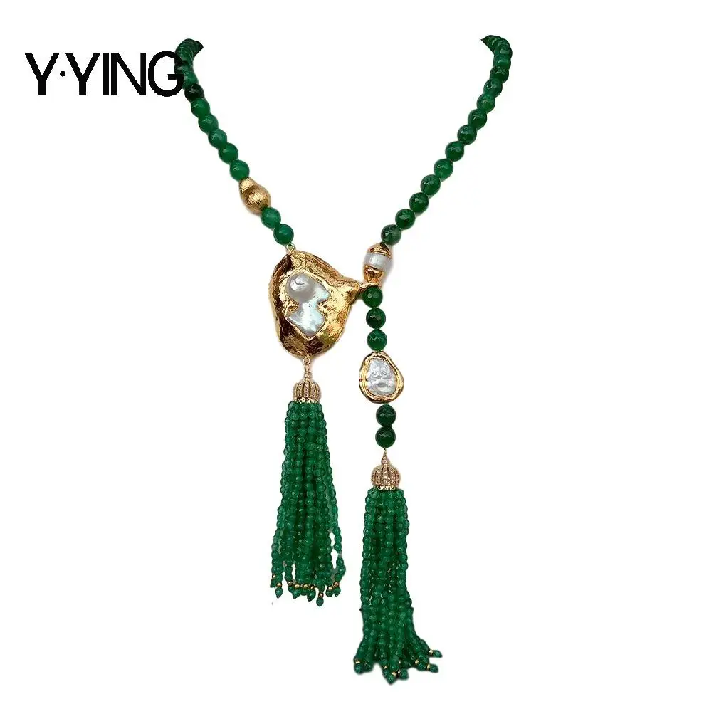 Y·YING Handmade Green Agates Cultured Big White keshi Pearl Tassel Long Necklace 105cm sweater chain necklace