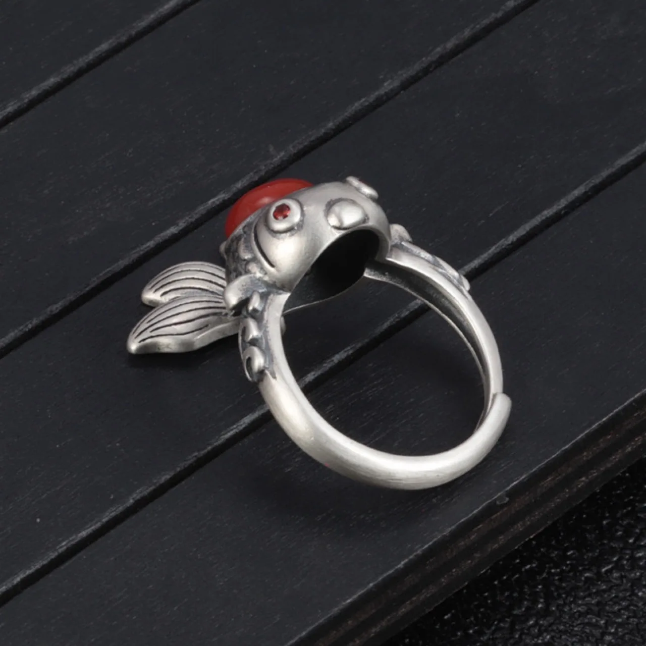 Real s925 sterling silver southern red goldfish ring, retro matte personal fashion index finger ring, female live mouth adjustme