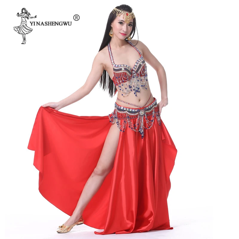 

New Women Belly Dance Costume Sets Newest Belly Dance Wear Split Skirt Belly Dance Bra Belt Crystal Tassel Belly Dancing Stage