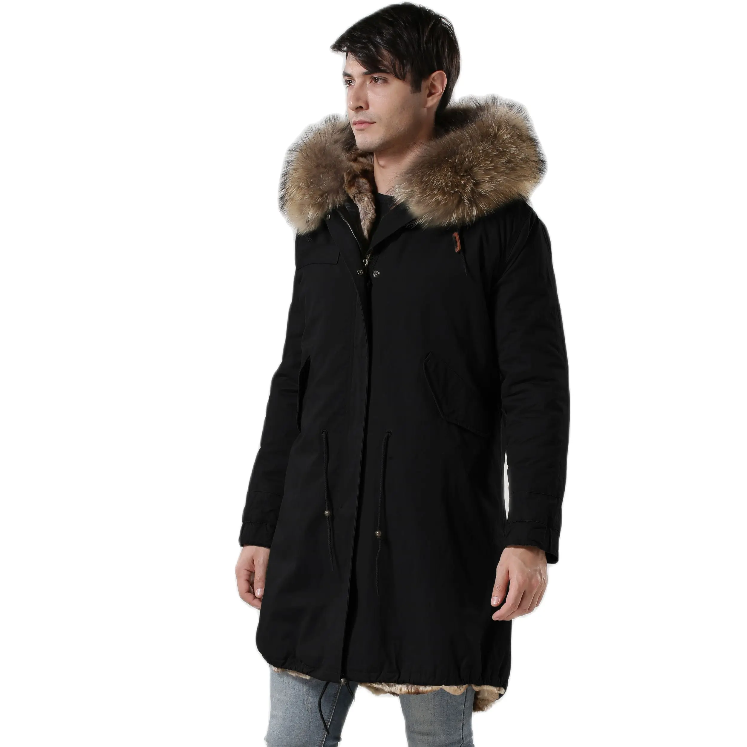 Natural Fur Parka With Faux Fur Lining Winter Long Coat For Men Overcoat With Big Real Fur Collar