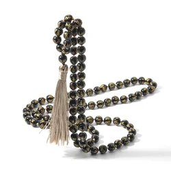 108 Six Words Mantra Obsidian Mala Beaded and Knotted Necklace Blessing Meditation Yoga Tibetan Japamala Tassel Jewelry