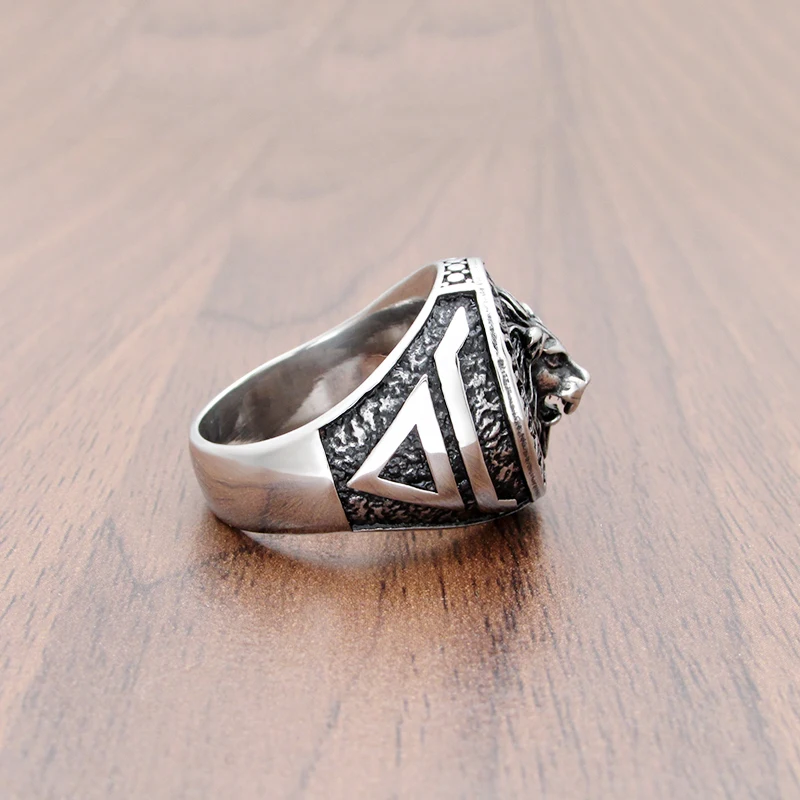 316L Stainless Steel Sun Veles Lion Head Ring Viking Rune Talisman Slavic Kolovrat Scandinavian Amulet Jewelry