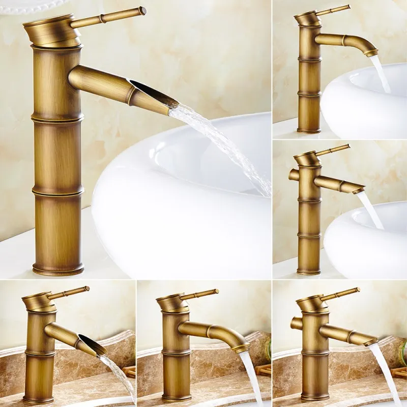 Antique Brass Waterfall Bathroom Faucet with Bamboo Joint Design Single Handle Mixer Basin Sink Tap for Cold Hot Water
