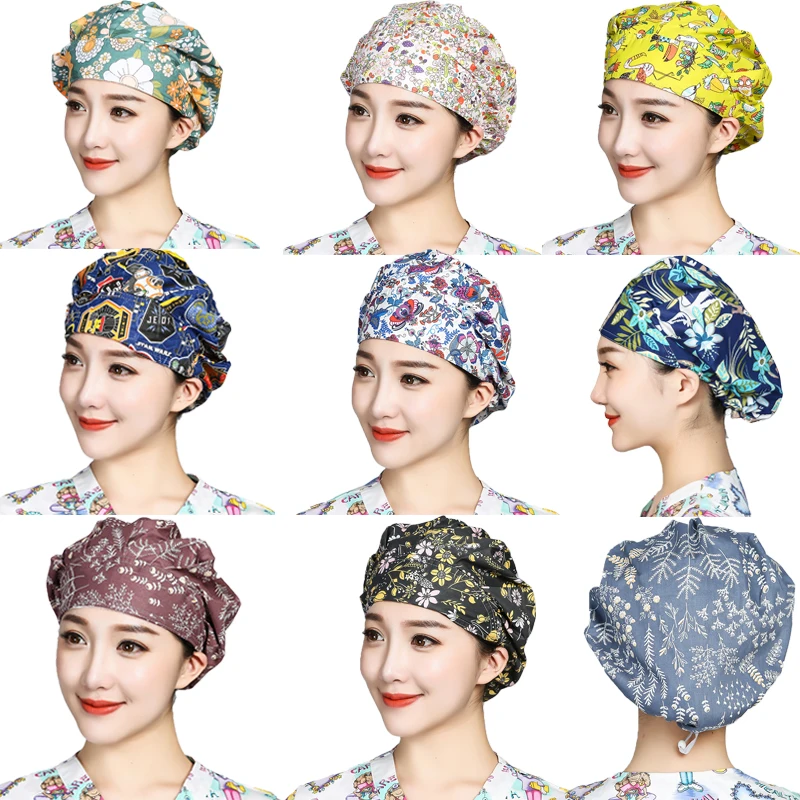 Chapeaux bouffants en coton pour cheveux longs, avec bandeau imprimé réglable, pour Salon de beauté, vêtements de travail pour soins infirmiers