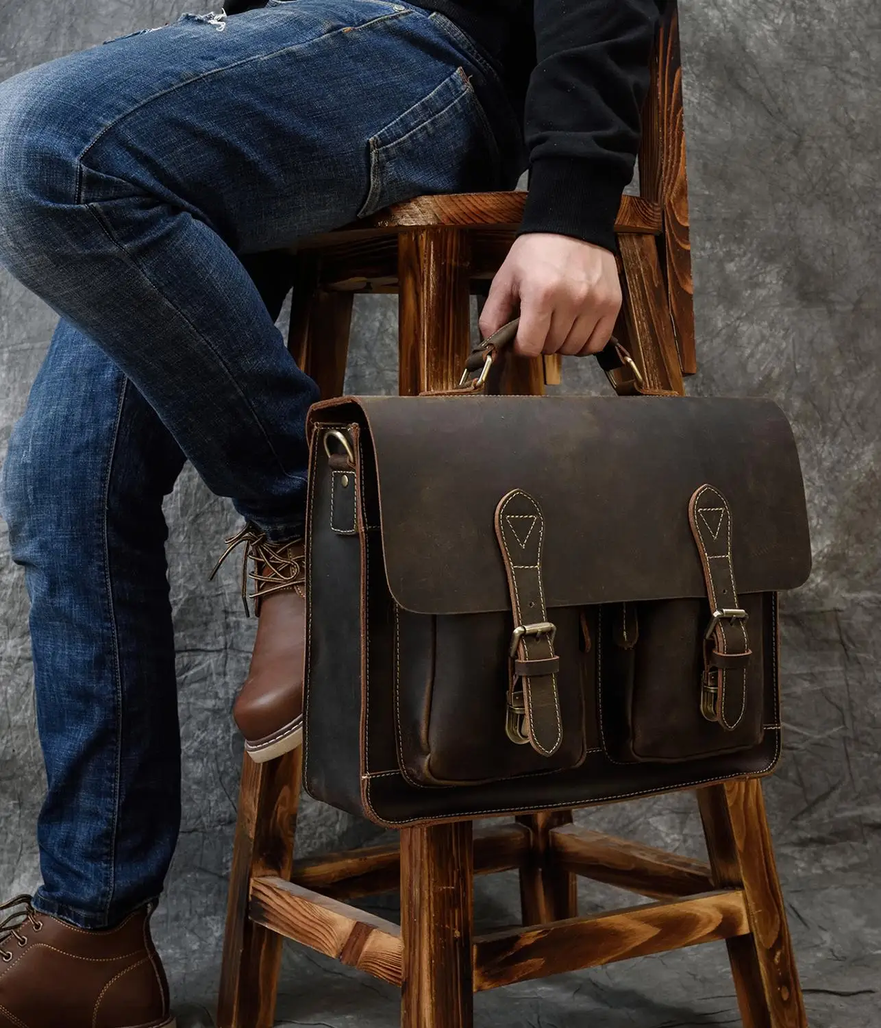 Vintage Men Briefcase Crazy Horse Genuine Leather Man Male Laptop Handbag Large Shoulder Messenger Portfolio Bag Business Case