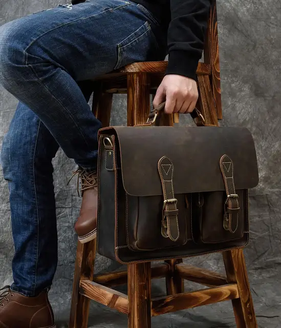 Vintage Men teczka Crazy Horse skórzana torba na laptopa męska duża torba na ramię torba na dokumenty pokrowiec biznesowy