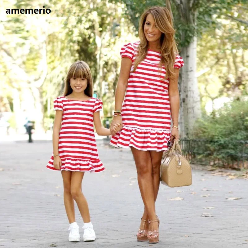 Matching Family Dresses  2023 Striped Mother Daughter Dresses Short Sleeve  Girl Big Sister Mother Kids Family Matching Clothes