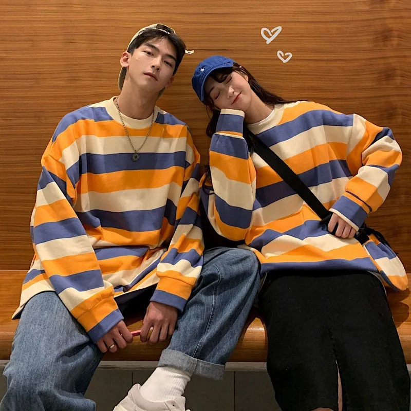 

Couple Striped Hoodies Japan O Neck Sweatshirts Nice Hip Hop Harajuku Tops Streetwear Casual Autumn High Street Hoodie Men