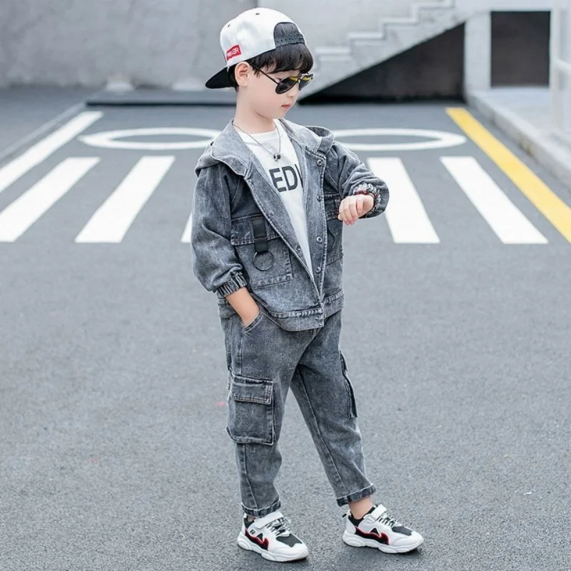 Boys spring and autumn denim suit new big boy Korean version of the trend of two-piece fashion jacket + pants 2-piece set