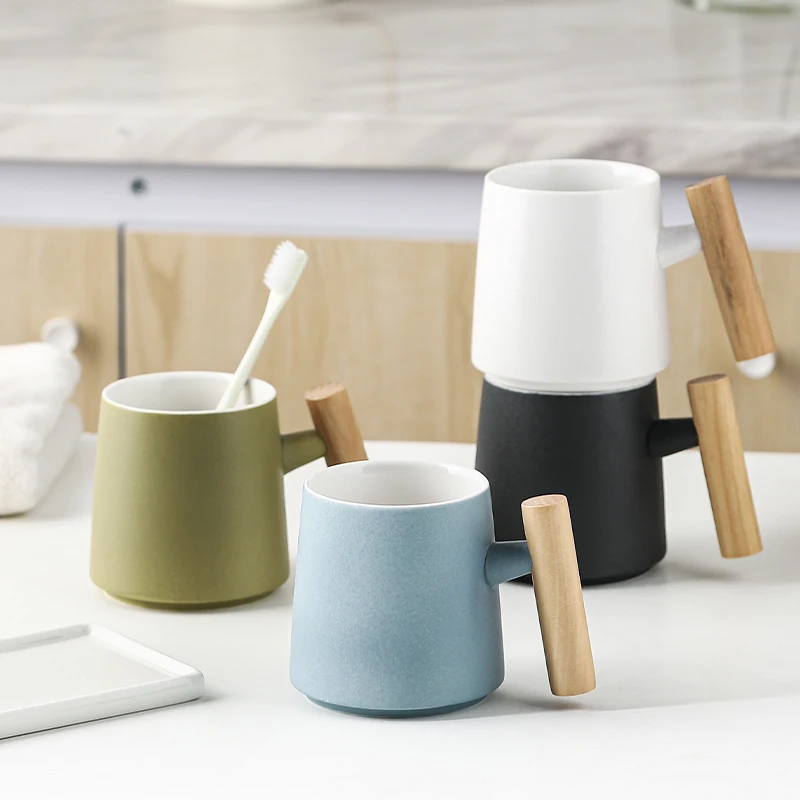 

Nordic Bathroom Accessories Ceramic Mouthwash Cup Toothbrush Cup Teeth Brushes Holder With Wood Handle ванная комната