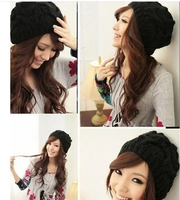 Candy Color Women Winter Knit Crochet Elastic Hat Knitting Wool Warm Braided Pineapple Shape Ski Hat