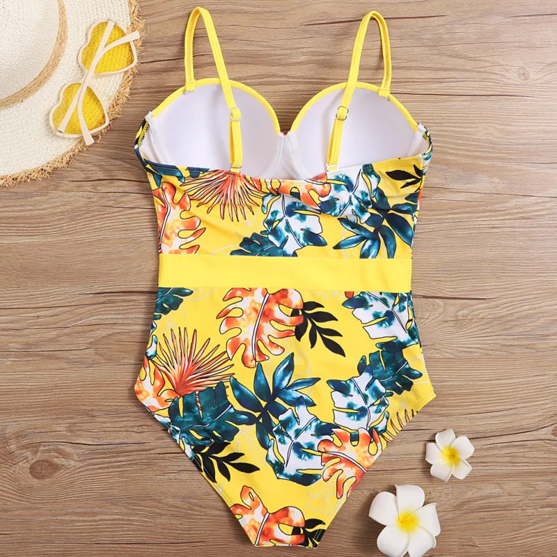 Sexy Yellow Female One Piece Swimsuit Closed Push Up Large Size Swimwear Plus Size Body Bathing Suit Women Bather Swim Beach