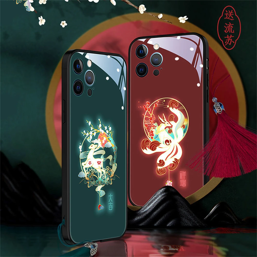 

Chinese Classic Traditional Design LED Light Up Tempered Glass Phone Cover For iPhone 14 13 12 11 Pro Max X XS XR 8 7 6 6s Plus