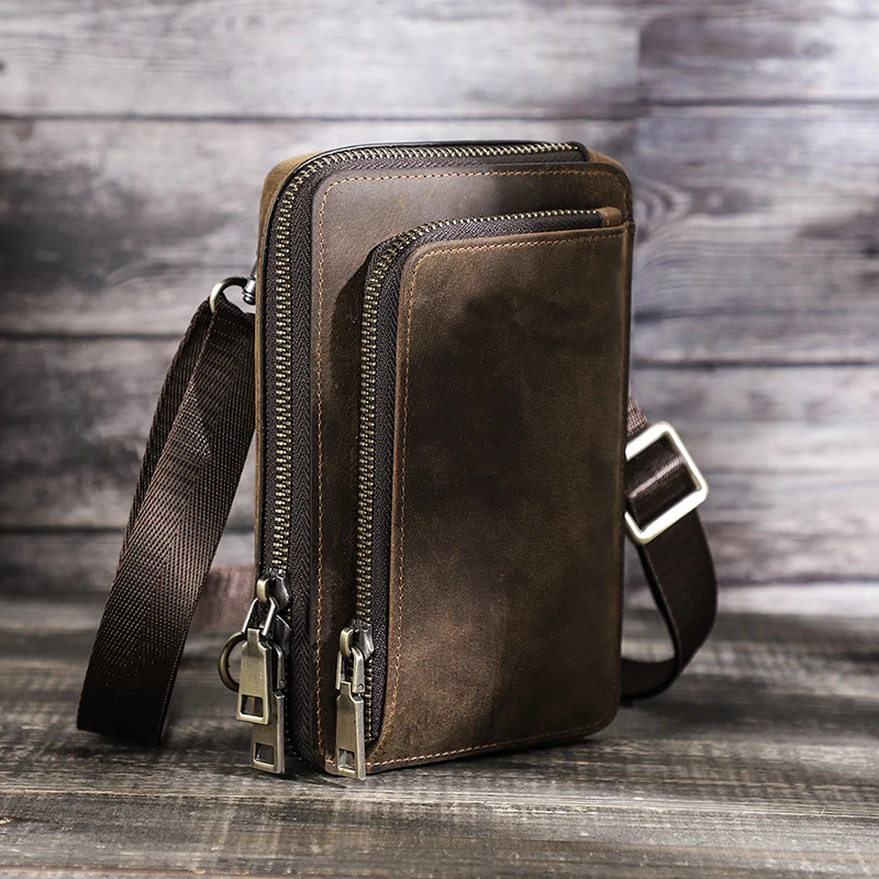 Genuine Leather Men Casual Small Waist Pack Bag Shoulder Messenger Bag Design Travel Men Belt Fanny Bag For 6.7 inch Phone Pouch