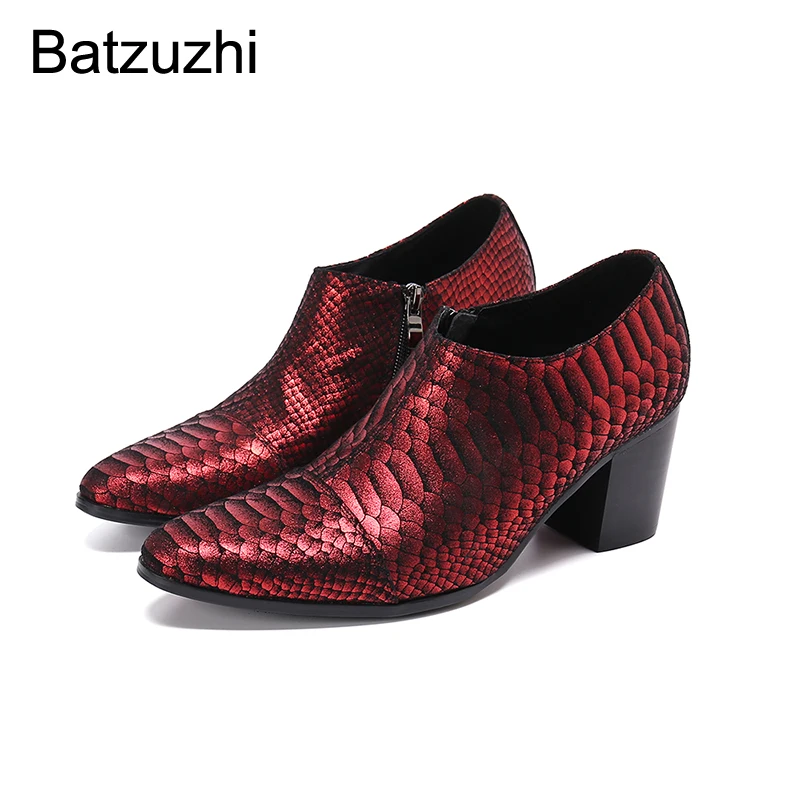 

Batzuzhi 7.5cm High Heel Men's Shoes Pointed Toe Fish Pattern Leather Ankle Boots Men Zip Red Party and Wedding Shoes Male