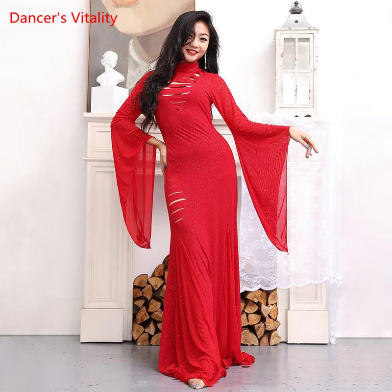 Belly Dance Dress Round Neck Sequins Long Skirt Flared Sleeves Competition Clothes Woman Elegant Performance Clothing