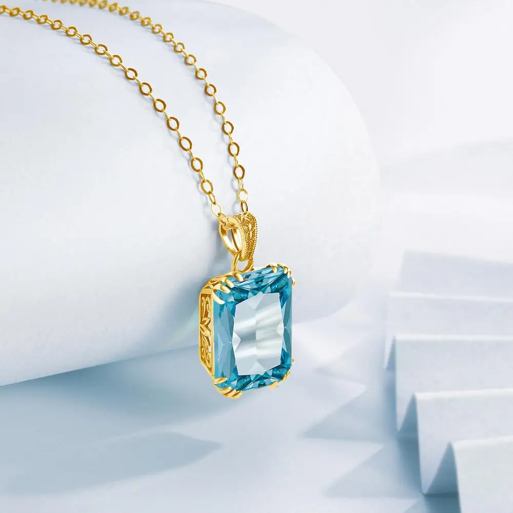 

18K Gold Plated Aquamarine Pendant Necklace for Women 925 Silver Vintage Gemstone Party Jewelry