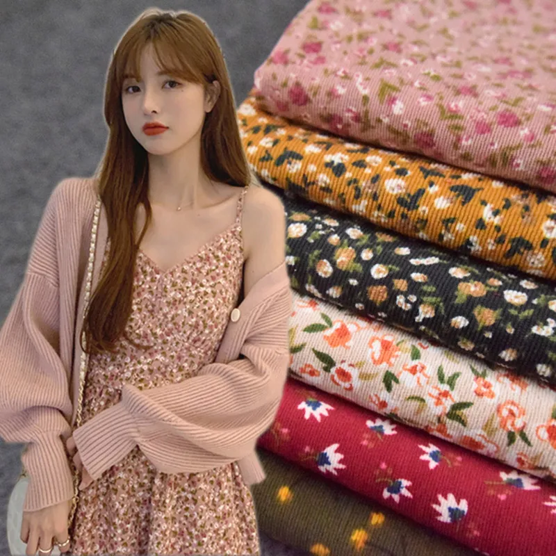 Half Meter Autumn Winter New Design Little Flower Print Cotton Corduroy Fabric For Shirt Coat Face Shoe Surface T1498