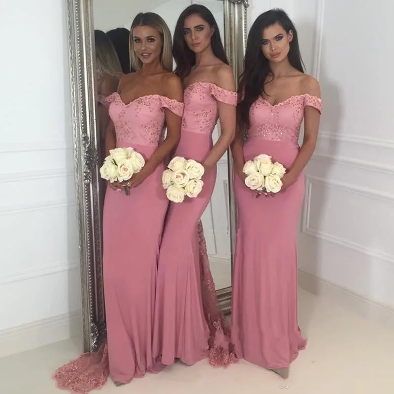 Dusty Rose Pink Bridesmaid Dresses Mermaid Sweetheart Off the Shoulder Sequins Lace Train Elegant Maid Of Honor Dresses Cheap