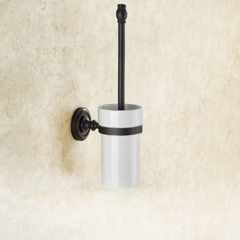 

Oil Rubbed Bronze Toilet Brush Holders With Ceramic Cup Wall Mounted Black Brass Toilet Brush Bathroom Accessories BD658