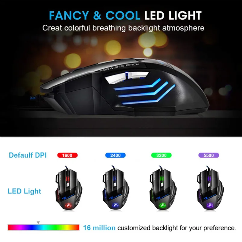 Gaming Mouse Computer Ergonomic Mouse Wired Game Mice 5500 DPI Silent Gamer Mouse Optical Backlight PC Mause 7 Button For Laptop