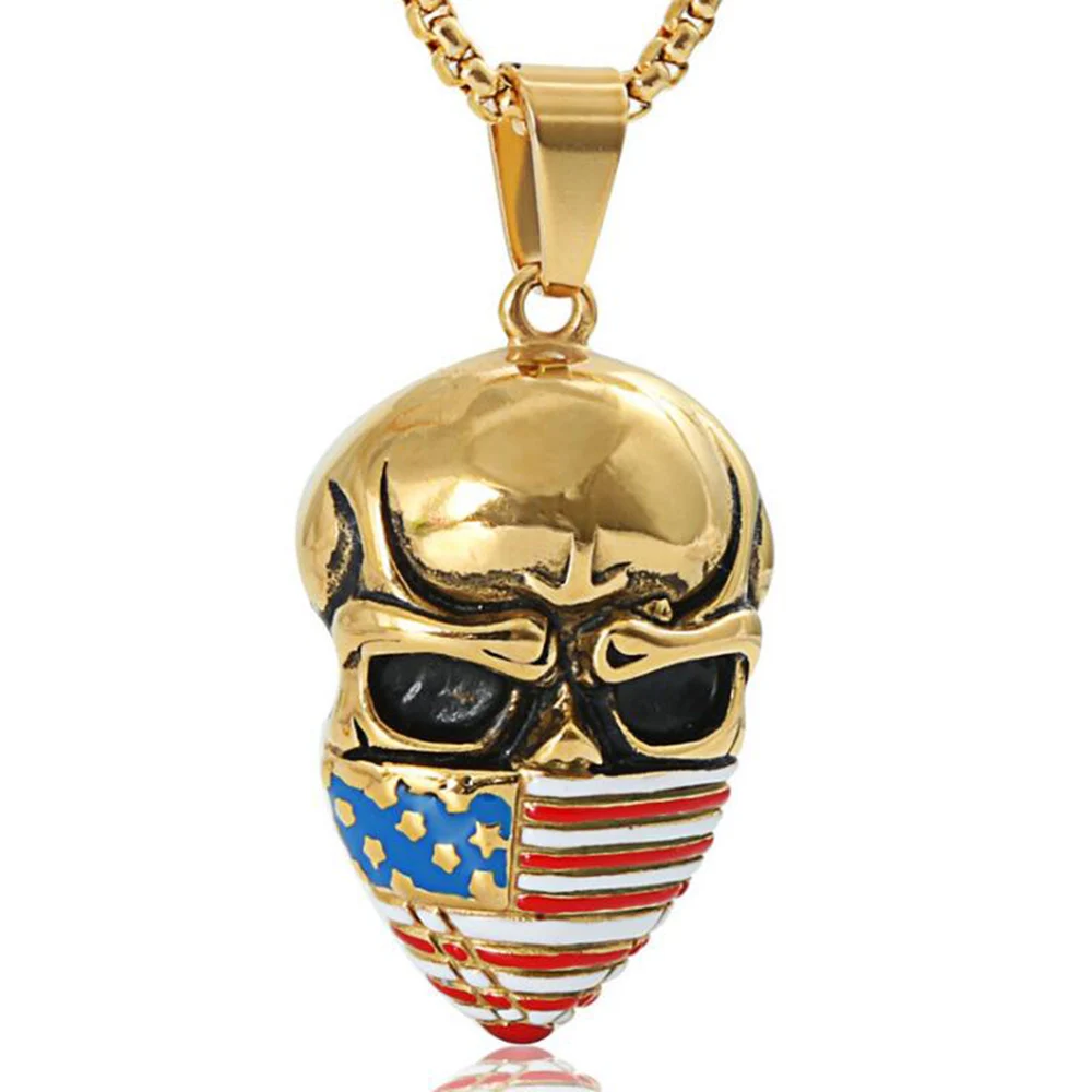 Stainless Steel Skull America Flag Pendant Necklace Punk Rock Skull Biker Chain Heave Skull Necklaces Jewelry For Men