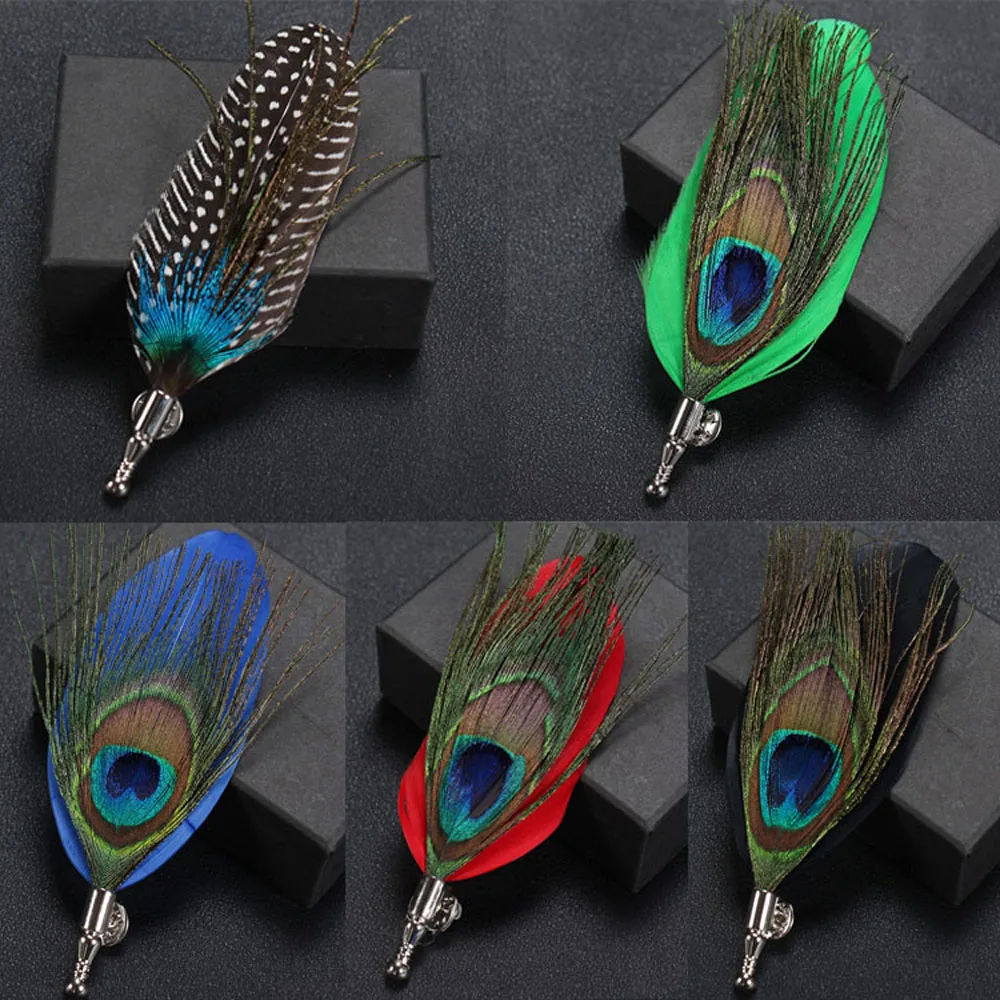 1 Pcs Feather Brooch Lapel Pin Fashion Designer Handmade Men Women Novelty Peacock Feather Brooches Dress Suit Accessory Gift