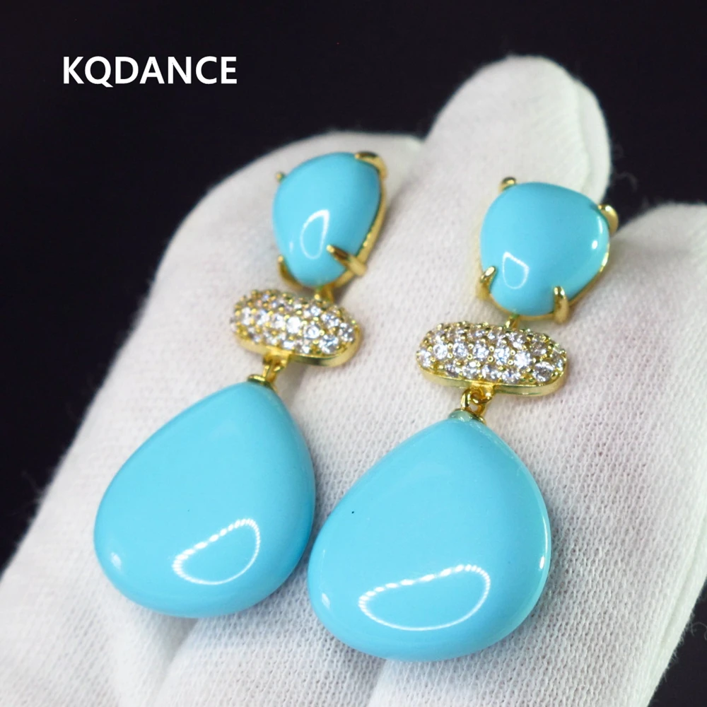 

KQDANCE Blue Turquoise Large White Natural Freshwater Pearl Long Earrings with 925 Silver Needle Gold plate Jewelry For Women