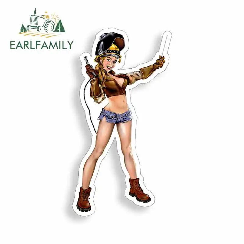 EARLFAMILY 13cm x 6.8cm for Sexy Girl Female Welder Anime Fine Decal Funny Car Stickers Cartoon Sunscreen Vinyl JDM Accessories