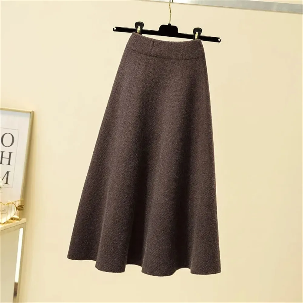 Autumn Knitted Pleated Skirt Women\'S Midi Elastic High Waist A-Line Sweater Skirt Female 2022 Winter Black Wool Long Mom Skirt