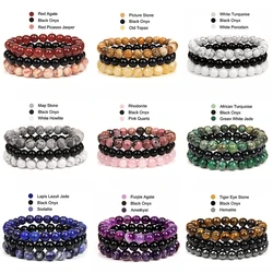 3Pcs/Set Natural Stone Bracelet Rose Quartzs Obsidian Amethysts Tiger Eye Beads Elastic Bracelet For Women Men Health Protection